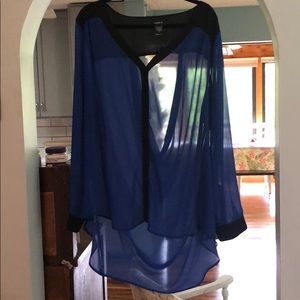 Torrid Blue and Black Drape Back Blouse